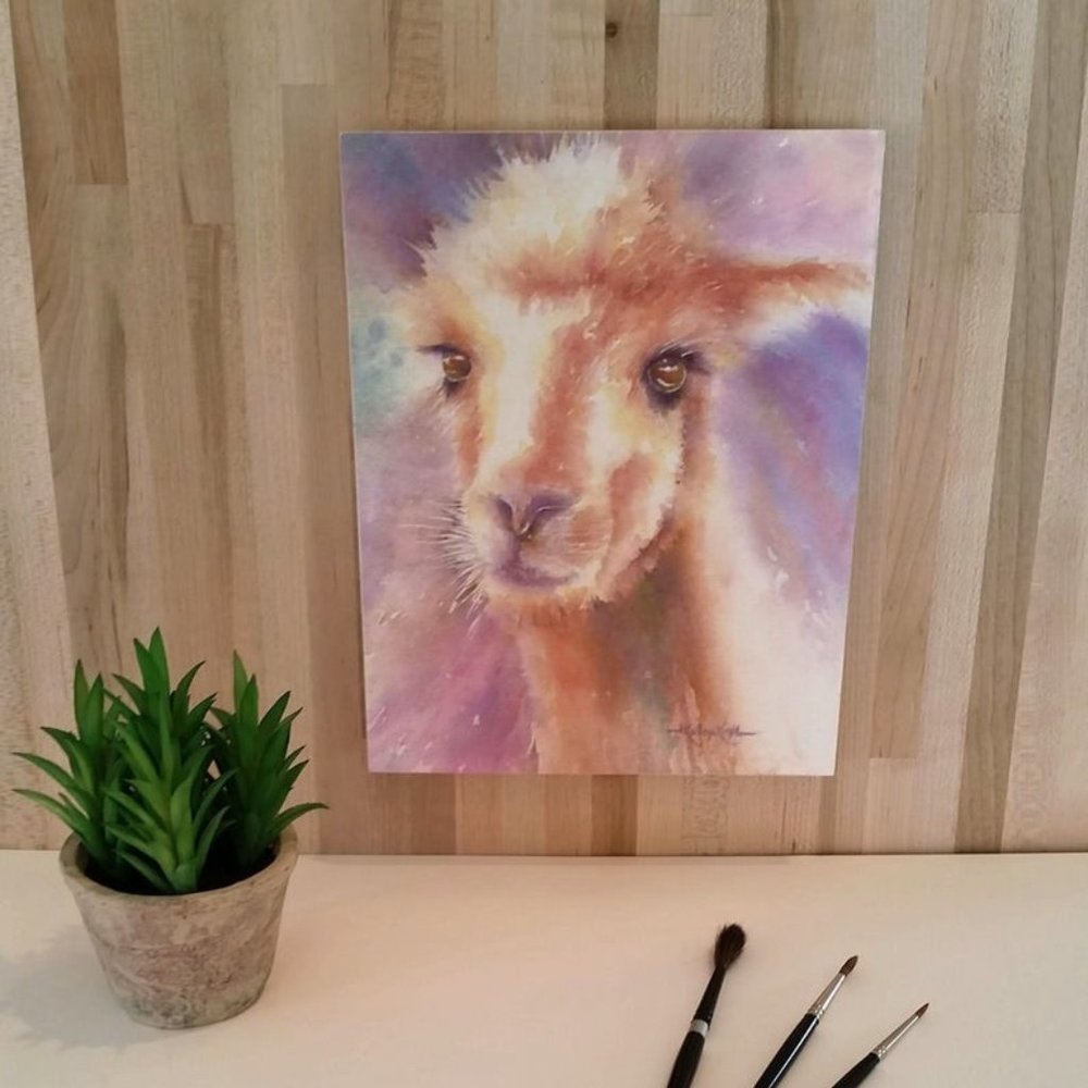 Alpaca Watercolor Print-Mounted on Wood Panel. 8" x 11"